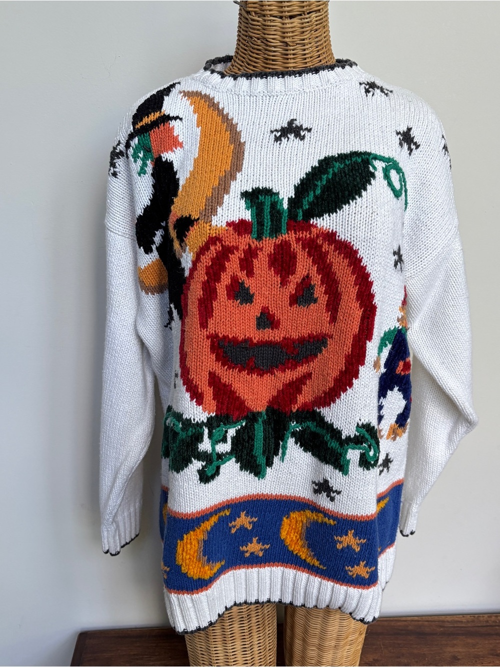 Vtg 90s Chunky Knit Halloween Sweater Whimsical Pumpkin Witch Stars And Moon